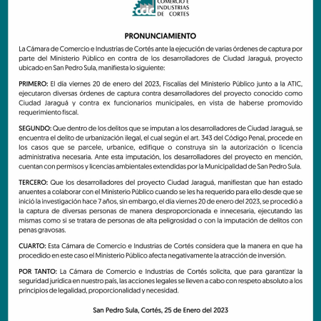 <strong>Cámara de Comercio de Cortés denuncia capturas «desproporcionadas» en proyecto inmobiliario Ciudad Jaraguá.</strong>